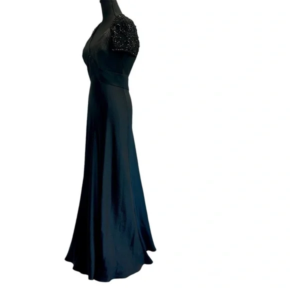 Badgley Mischka black beaded lace short sleeve silk formal evening gown 8 NWOT - Picture 5 of 17